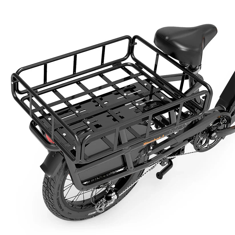 Lankeleisi Wombat-1 rear luggage rack basket mounted on bike for carrying cargo or gear.